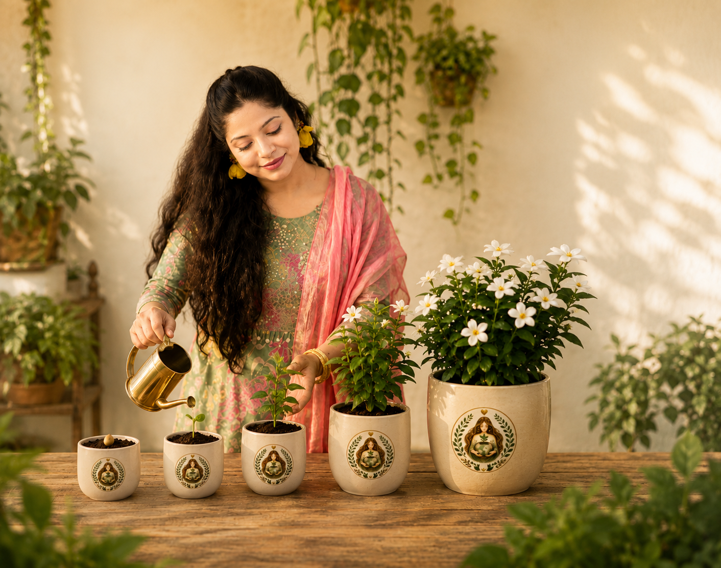 Beautiful green plant growing in a handcrafted ceramic pot